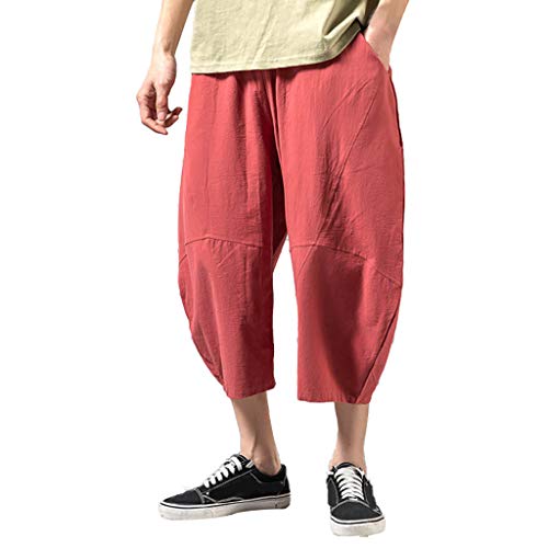 Celucke Herren Kurze Leinenhose Einfarbig Haremhose Leinen Weite Hose Loose Fit, Männer Casual Strandhosen Freizeithose Sommer Pumphose Strand Urlaub Leichte Atmungsaktives Bequem (Rot, XXXL) von Celucke