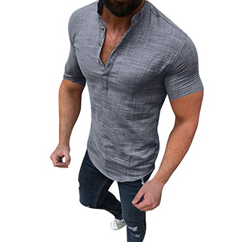 Celucke Herren Leinenhemd Langarm Henley Shirt Einfarbig Grandadkragen Leinen Hemd Slim Fit, Männer Sommer Strand Freizeithemd Urlaub Casual Leinen Hemd Leichte Bequem Atmungsaktives (Grau, XL) von Celucke