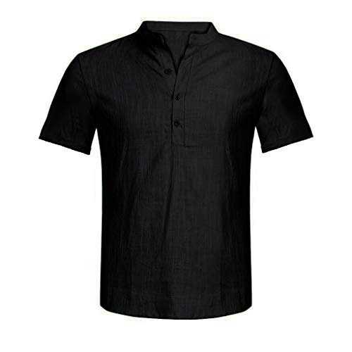 Celucke Herren Leinenhemd Langarm Henley Shirt Einfarbig Grandadkragen Leinen Hemd Slim Fit, Männer Sommer Strand Freizeithemd Urlaub Casual Leinen Hemd Leichte Bequem Atmungsaktives (Schwarz, XL) von Celucke