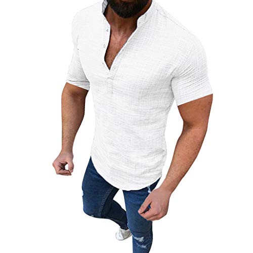 Celucke Herren Leinenhemd Langarm Henley Shirt Einfarbig Grandadkragen Leinen Hemd Slim Fit, Männer Sommer Strand Freizeithemd Urlaub Casual Leinen Hemd Leichte Bequem Atmungsaktives (Weiß, M) von Celucke