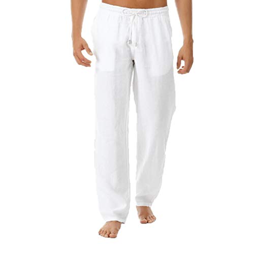 Celucke Herren Leinenhose Stoffhose Regular Fit mit Kordelzug Straight Einfarbig Freizeithose Männer Casual Strandhosen Leinen Hose Mode Sommerhose Bequem Leichte Atmungsaktives (Weiß, XXL) von Celucke