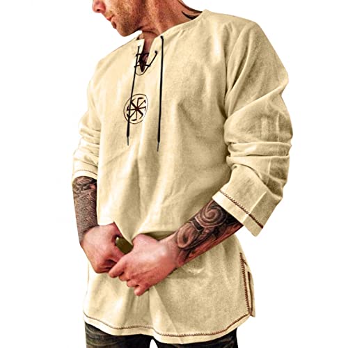 Celucke Herren Mittelalter Leinenhemd Sommer Herbst Hemden Langarm Retro-Kragen mit Schnürung, Männer Freizeithemd Casual Leinen Yoga Shirt Fisherman Sommerhemd(Beige,XXL) von Celucke