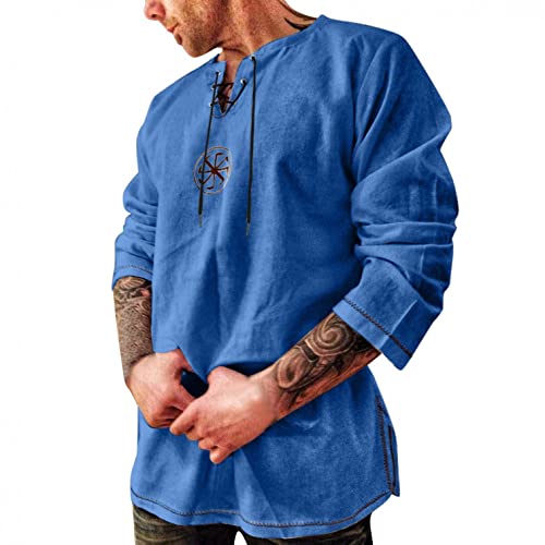 Celucke Herren Mittelalter Leinenhemd Sommer Herbst Hemden Langarm Retro-Kragen mit Schnürung, Männer Freizeithemd Casual Leinen Yoga Shirt Fisherman Sommerhemd(Blau,M) von Celucke