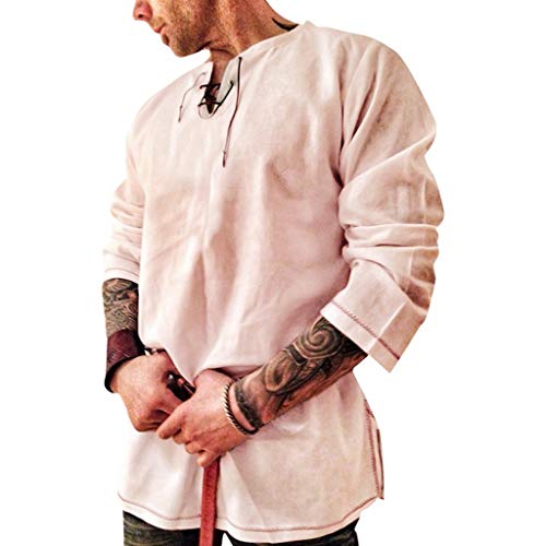 Celucke Herren Mittelalter Leinenhemd Sommer Herbst Hemden Langarm Retro-Kragen mit Schnürung, Männer Freizeithemd Casual Leinen Yoga Shirt Fisherman Sommerhemd (Gelb, L) von Celucke