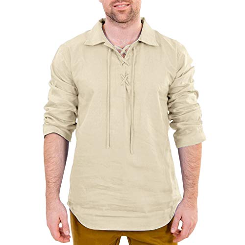 Celucke Herren Mittelalter Leinenhemd Sommer Herbst Hemden Langarm Retro-Kragen mit Schnürung, Männer Freizeithemd Casual Leinen Yoga Shirt Fisherman Sommerhemd (Khaki, XL) von Celucke