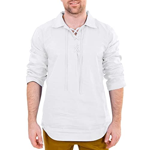 Celucke Herren Mittelalter Leinenhemd Sommer Herbst Hemden Langarm Retro-Kragen mit Schnürung, Männer Freizeithemd Casual Leinen Yoga Shirt Fisherman Sommerhemd (Weiß,L) von Celucke