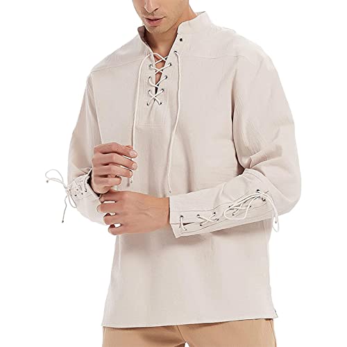 Celucke Herren Mittelalter Leinenhemd Sommer Herbst Hemden Langarm Retro-Kragen mit Schnürung, Männer Freizeithemd Casual Leinen Yoga Shirt Fisherman Sommerhemd von Celucke