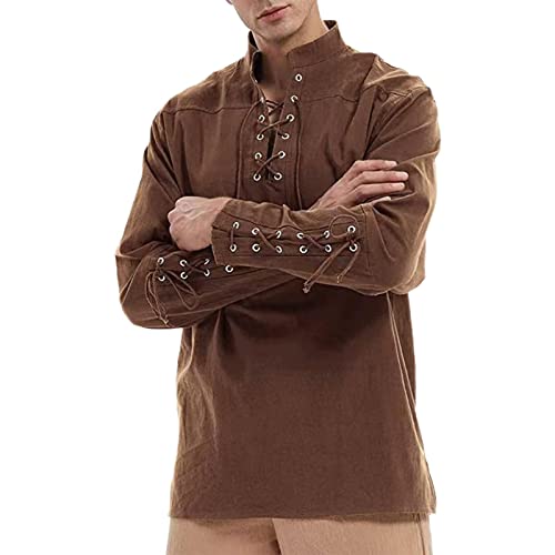 Celucke Herren Mittelalter Leinenhemd Sommer Herbst Hemden Langarm Retro-Kragen mit Schnürung, Männer Freizeithemd Casual Leinen Yoga Shirt Fisherman Sommerhemd von Celucke