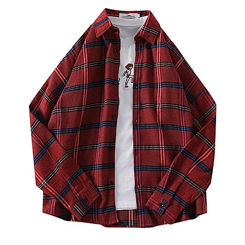 Celucke Herren Plaid Kurzarmhemd mit Kapuze Kariertes Hemd Sommer Flanellhemd Kurzarm Casual Button Down Freizeithemd Atmungsaktiv Kurzarmhemd T-Shirt(Rot,XL) von Celucke