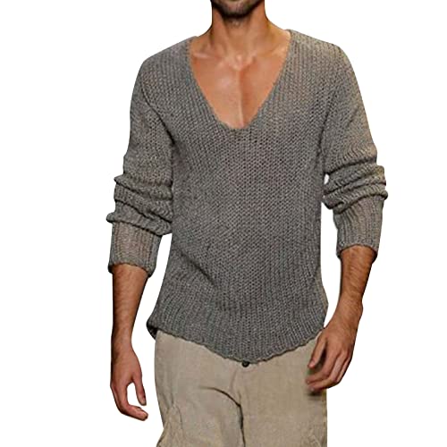 Celucke Herren Pullover V-Ausschnitt Strickpullover Einfarbige Warme Strickwolle Sweater Freizeit Basic Männer Pulli Sweatshirt(Grau,XXL) von Celucke