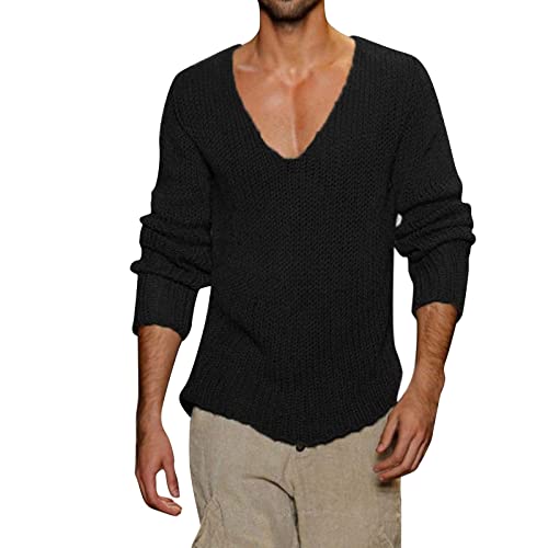 Celucke Herren Pullover V-Ausschnitt Strickpullover Einfarbige Warme Strickwolle Sweater Freizeit Basic Männer Pulli Sweatshirt(Schwarz,L) von Celucke