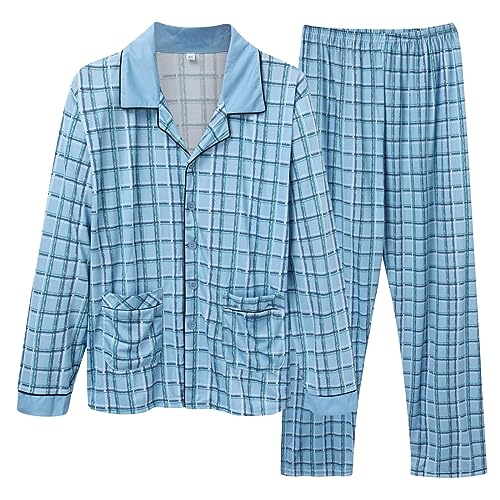 Celucke Herren Schlafanzug Pyjama Set Baumwolle Lang Pyjama Strickjacke Männer Langarm Oberteil und Karierte Schlafanzughose mit Tasche Sleepwear Hausanzug von Celucke