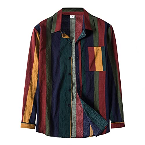 Celucke Herren Streifen Hemd Patchwork Langarm Shirt Retro Langarmshirts Gestreiftes Freizeithemden Loose Bluse mit Tasche von Celucke