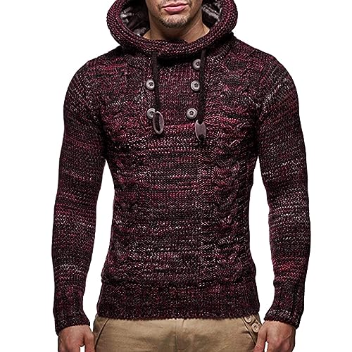 Celucke Herren Strickpullover Kapuze mit Kordelband und Knopfleisten,Winter Warm Pulli Langarm Pullover Casual Sweatshirt Winterpullover von Celucke