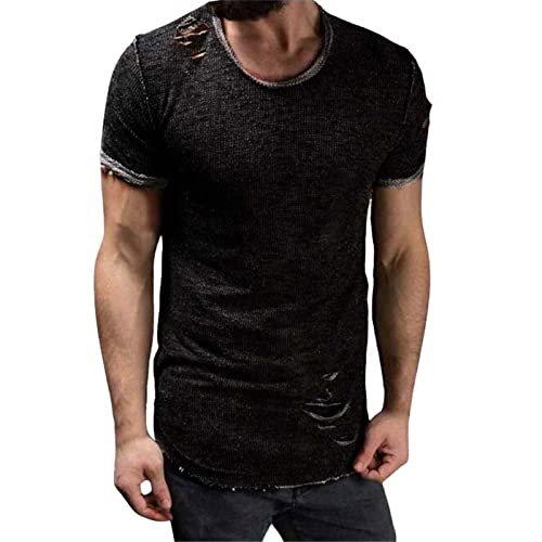 Celucke Herren T-Shirt Einfarbige Slim fit Tshirt Kurzarm Sommer Atmungsaktiv Zerrissenes Hemd Licht Freizeitshirt Tshirt Bluse Tops(Schwarz,XL) von Celucke