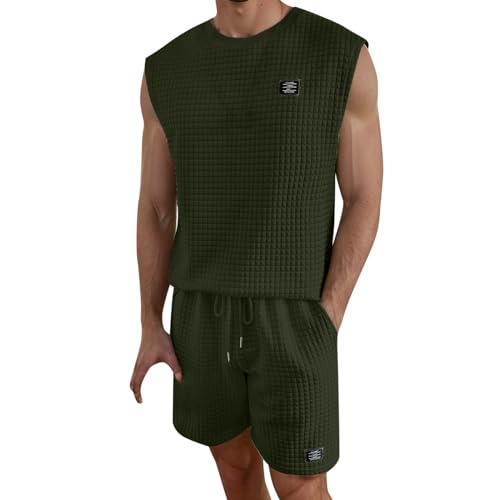 Celucke Herren Trainingsanzug Sommer Ärmelloses Waffel Tanktop Shorts Set 2024 Casual Sport Set Lässig Herrenanzüge mit Taschen Outfit Strand Outfit Freizeitanzug von Celucke