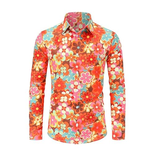 Celucke Hippie Hemd Herren Langarm 60er Jahre 80er Jahre Outfit Blumenmuster Freizeithemd Mode Karneval Disco Party Hemden Slim Fit Floral Hawaiihemd Button Down Atmungsaktive Business Hemd von Celucke