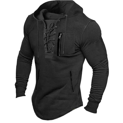 Celucke Hoodie Herren Kapuzenpullover Schnüren Slim Fit Einfarbige Langarm Sweatshirt Pulli Langarm Schwarzer Steampunk Gothic Pullover Shirt mit Kapuze Sweatshirt Slim Fit Mittelalter Hoody von Celucke
