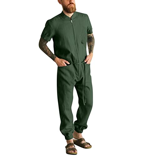 Celucke Jumpsuit Herren Overalls Männer Sommer T-Shirt Sommerjumpsuit mit Kordelzug Schlafanzug aus Baumwolle und Leinen Jogginganzug Trainingsanzug mit Mehreren Taschen Overall von Celucke