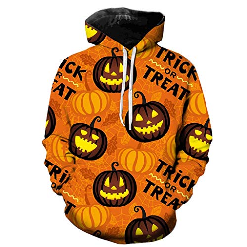 Celucke Kapuzenpullover Herren Hoodie Winter Pullover 3D Druck Halloween Kürbis Sweatshirt, Männer Kapuzenpulli Kapuzenjacke Casual Kapuzenshirt Halloween Kostüme (Gelb, L) von Celucke