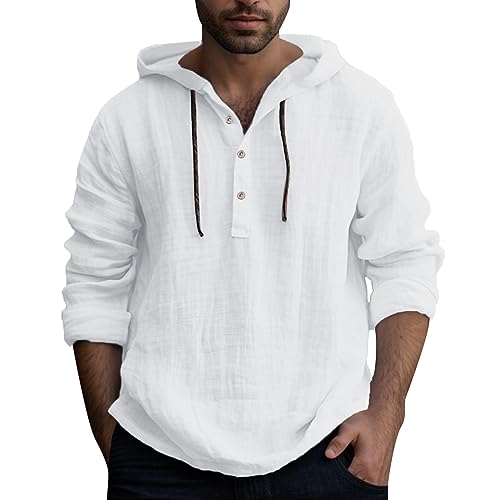 Celucke Kapuzenpullover Herren Leinen Shirt Langarmshirt Hoodie Sweatshirt Casual Regular Fit Leinenhemd Männer Longsleeve Tops Bequem Leichte Atmungsaktives (Weiß, L) von Celucke