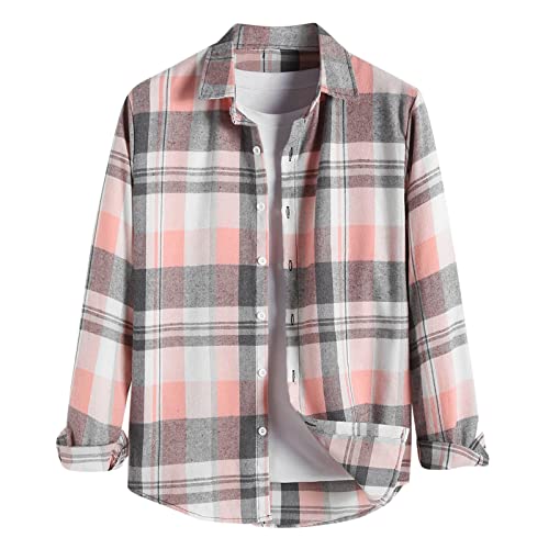 Celucke Kariertes Flanellhemden Herren Hemd Freizeithemd Kurzarm Regular fit Shirt Leichte Langarmhemd Atmungsaktive Männer Bequem Tshirt(Rosa,XXL) von Celucke