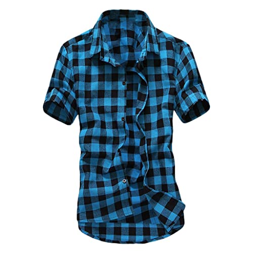 Celucke Kariertes Hemd Herren Shirt Hemd Freizeithemd Normale Passform Kurzarm Slim Fit Hemden Bügelfreies Kariert Hemd Trachtenhemd Karo Hemd(Blau,3XL) von Celucke