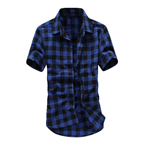 Celucke Kariertes Hemd Herren Shirt Hemd Freizeithemd Normale Passform Kurzarm Slim Fit Hemden Bügelfreies Kariert Hemd Trachtenhemd Karo Hemd(Blau,L) von Celucke