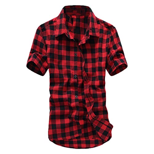 Celucke Kariertes Hemd Herren Shirt Hemd Freizeithemd Normale Passform Kurzarm Slim Fit Hemden Bügelfreies Kariert Hemd Trachtenhemd Karo Hemd(rot,XL) von Celucke