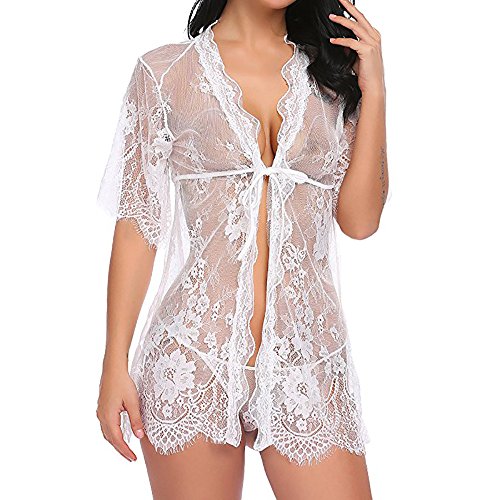 Celucke Kimono Spitzen Damen Kurze Robe Transparent Geschnürte Robe Reizwäsche Nachtwäsche Morgenmantel Bademantel Dessous Set mit Gürtel (Weiß, M) von Celucke