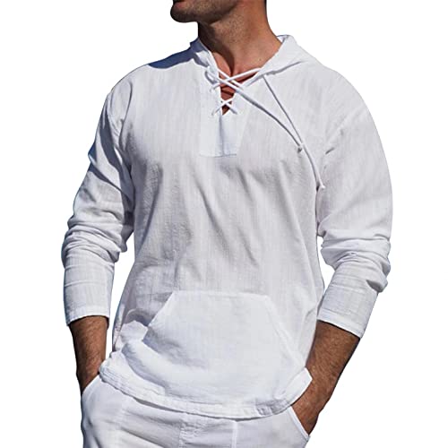 Celucke Langarm Hemd Herren Leinenhemd Sommer mit Kapuzen Tasche Langarmhemd Freizeithemd Casual Hemden Leichte Leinen Atmungsaktive Bequem Sommerhemden Loose Shirt Tasche von Celucke