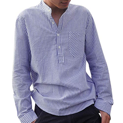 Celucke Langarmshirt Leinenhemd Gestreiftes T Shirts Männer Langarm Henley Shirt Grandadkragen, Oversize T-Shirt Herren Freizeithemd Sommer Strand Urlaub Leichte Bequem Atmungsaktives (Blau, XXXXL) von Celucke