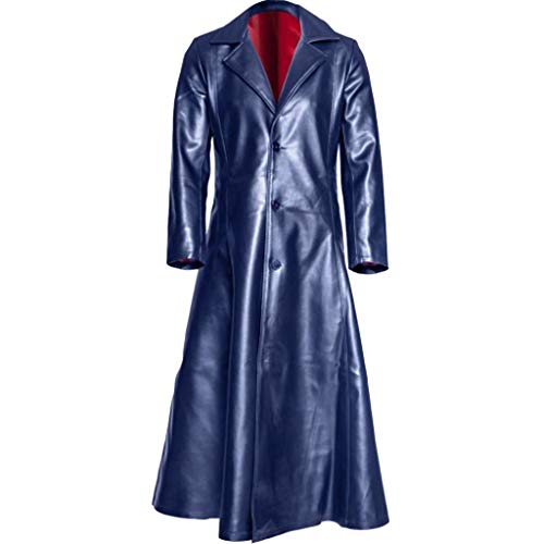Celucke Lange Mantel Herren Ledermantel Kunstleder Lederjacke Gothic Mittelalter Halloween-Kostüm Vampirjäger Bikerjacke Winterjacke (Blau, XXL) von Celucke