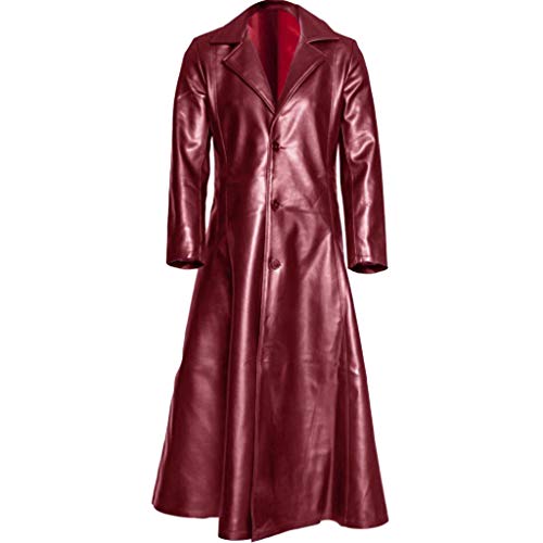 Celucke Lange Mantel Herren Ledermantel Kunstleder Lederjacke Gothic Mittelalter Halloween-Kostüm Vampirjäger Bikerjacke Winterjacke (Rot, XXL) von Celucke