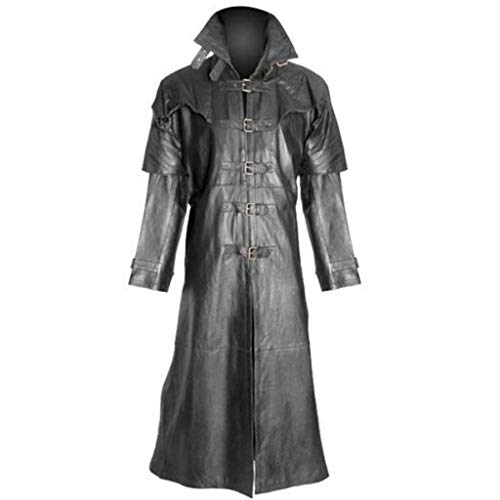 Celucke Lange Mantel Herren Ledermantel Kunstleder Lederjacke Gothic Mittelalter Halloween-Kostüm Vampirjäger Bikerjacke Winterjacke (Schwarz, L) von Celucke