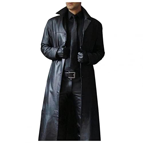 Celucke Lange Mantel Herren Ledermantel Kunstleder Lederjacke Gothic Mittelalter Halloween-Kostüm Vampirjäger Bikerjacke Winterjacke von Celucke