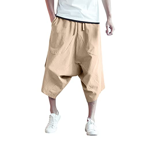 Celucke Laternenhose Herren Thailändische Lose Weit Geschnittene Hose Sommer Ethno Stil Hosen Strandhose Casual Baggy Pants mit Elastische Taille Relax Fit Laterne Haremshose Aladinhose(Khaki,XL) von Celucke