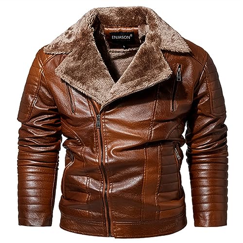 Celucke Lederjacke Herren Bikerjacke Kunstleder Bomberjacke mit Sweat-Kapuze, Männer Winterjacke Kapuzenjacke Vintage Übergangsjacke Steppjacke (Braun, 3XL) von Celucke