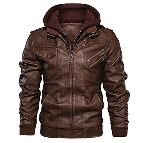 Celucke Lederjacke Herren Bikerjacke Kunstleder Bomberjacke mit Sweat-Kapuze, Männer Winterjacke Kapuzenjacke Vintage Übergangsjacke Steppjacke (Braun, M) von Celucke