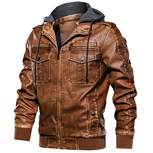 Celucke Lederjacke Herren Bikerjacke Kunstleder Bomberjacke mit Sweat-Kapuze, Männer Winterjacke Kapuzenjacke Vintage Übergangsjacke Steppjacke (Braun, XL) von Celucke