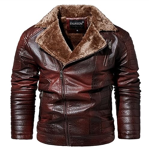 Celucke Lederjacke Herren Bikerjacke Kunstleder Bomberjacke mit Sweat-Kapuze, Männer Winterjacke Kapuzenjacke Vintage Übergangsjacke Steppjacke (Rot, L) von Celucke