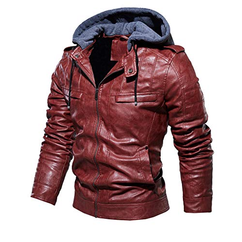 Celucke Lederjacke Herren Bikerjacke Kunstleder Bomberjacke mit Sweat-Kapuze, Männer Winterjacke Kapuzenjacke Vintage Übergangsjacke Steppjacke (Rot, L) von Celucke