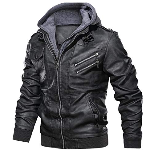 Celucke Lederjacke Herren Bikerjacke Kunstleder Bomberjacke mit Sweat-Kapuze, Männer Winterjacke Kapuzenjacke Vintage Übergangsjacke Steppjacke (Schwarz, L) von Celucke