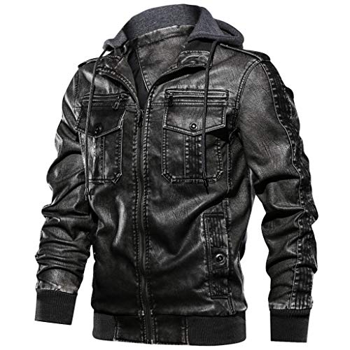 Celucke Lederjacke Herren Bikerjacke Kunstleder Bomberjacke mit Sweat-Kapuze, Männer Winterjacke Kapuzenjacke Vintage Übergangsjacke Steppjacke (Schwarz, L) von Celucke