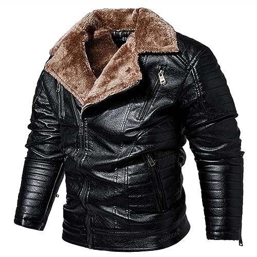 Celucke Lederjacke Herren Bikerjacke Kunstleder Bomberjacke mit Sweat-Kapuze, Männer Winterjacke Kapuzenjacke Vintage Übergangsjacke Steppjacke (Schwarz, XXL) von Celucke