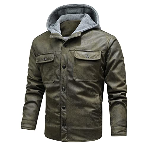 Celucke Lederjacke Herren Jacke mit Kapuze Winter Outdoorjacke Übergangsjacke Winddicht Thermohemd Winterjacke Fleecefutter Bikerjacke Vintage Bomberjacke(Grün,XL) von Celucke