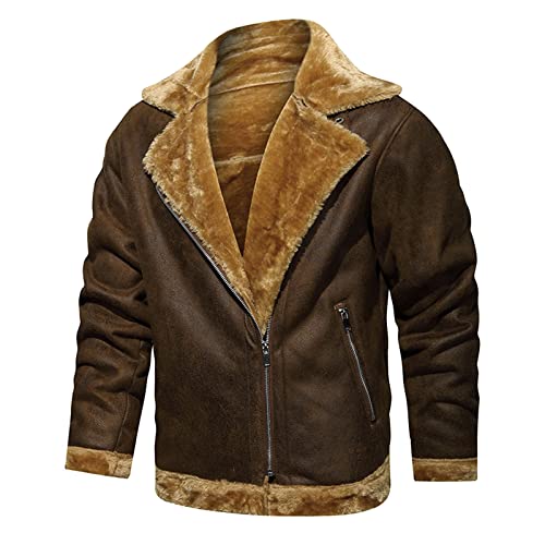 Celucke Lederjacke Herren Pilotenjacke gefütterter Winterjacke aus Kunstleder mit Kunstpelzfutter, Männer Vintage Jacke Bomberjacke Bikerjacke Übergangsjacke (Braun, L) von Celucke