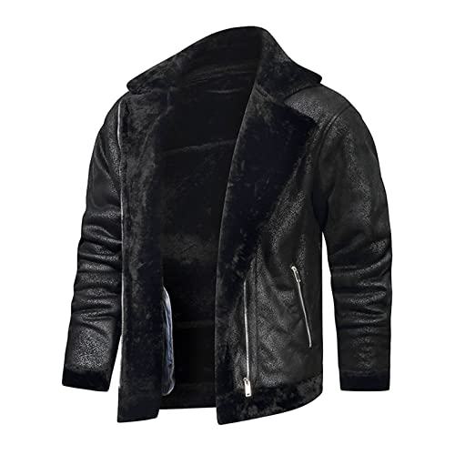 Celucke Lederjacke Herren Pilotenjacke gefütterter Winterjacke aus Kunstleder mit Kunstpelzfutter, Männer Vintage Jacke Bomberjacke Bikerjacke Übergangsjacke (Schwarz, XXXL) von Celucke