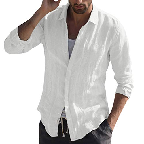 Celucke Leinenhemd Herren Freizeithemd Langarm Breiter Kragen Leinen Shirt, Sommerhemd Männer Sommer Herbst Leinen Hemden Leichte Atmungsaktives Bequem (Weiß, L) von Celucke