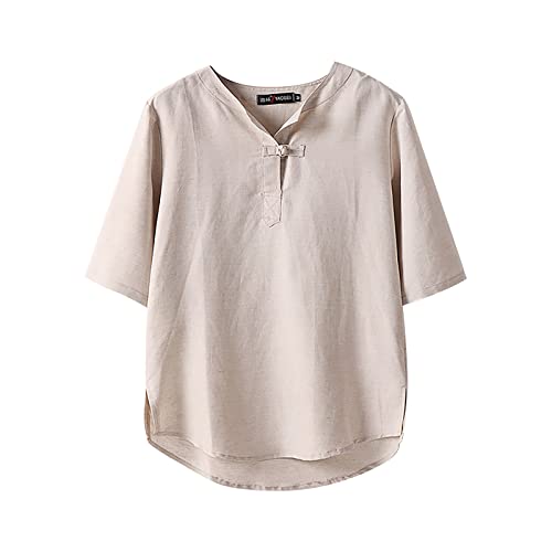 Celucke Leinenhemd Herren Hemd Buissnes Freizeithemd Casual Leinen Bluse Kurzarm Shirts Regular Fit Western Hemden Baumwolle Kurzarmhemd(Beige,6XL) von Celucke